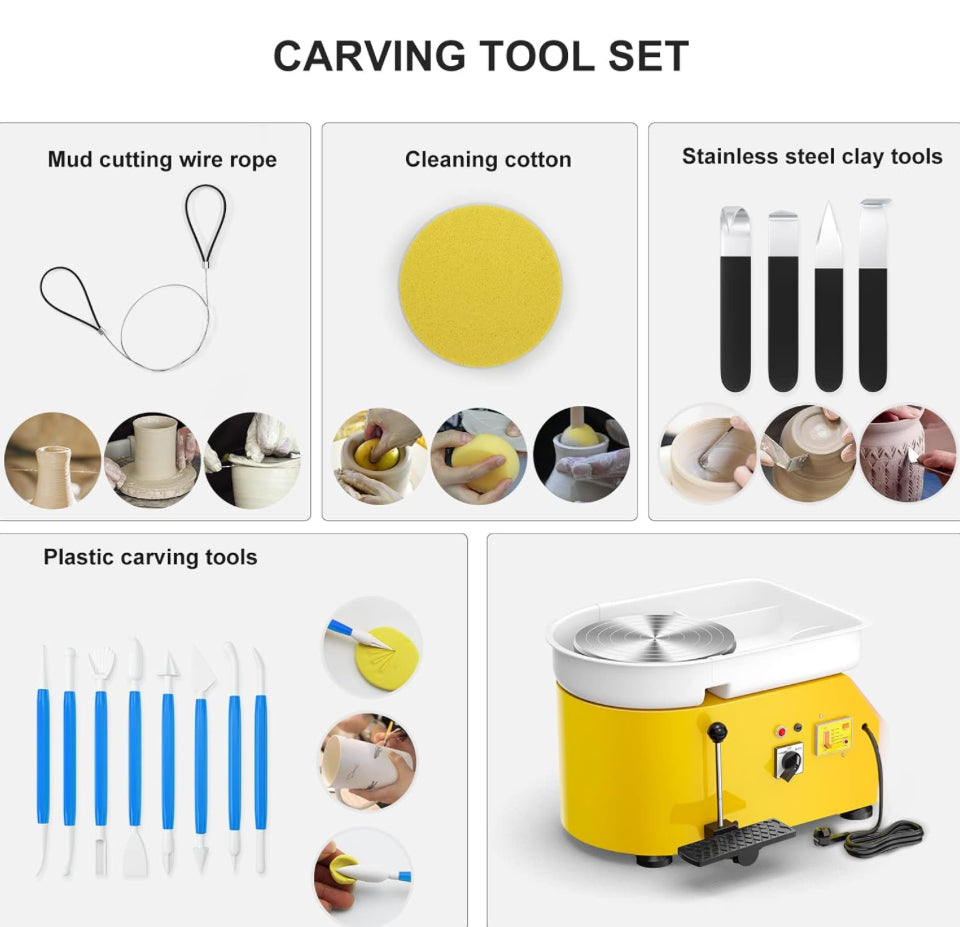 Compact Pottery Wheel 350W – 25cm Turntable with Foot Pedal | Yellow
