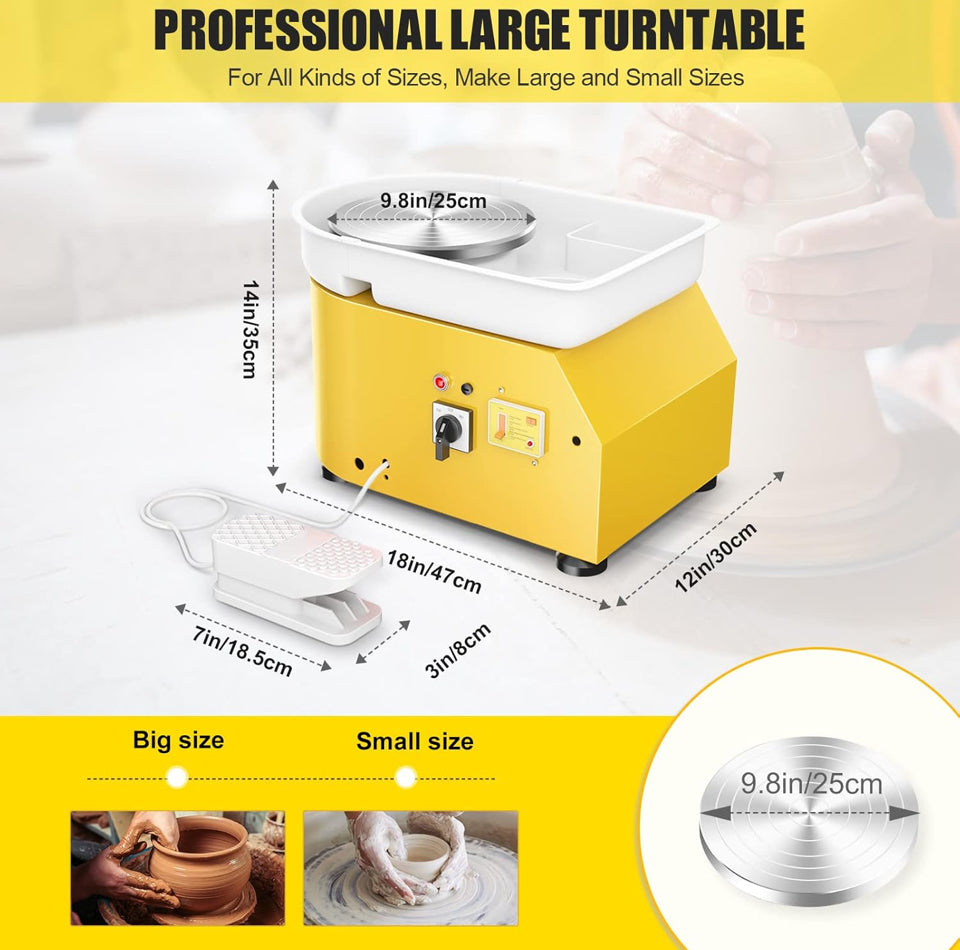 Compact Pottery Wheel 350W – 25cm Turntable with Foot Pedal | Yellow