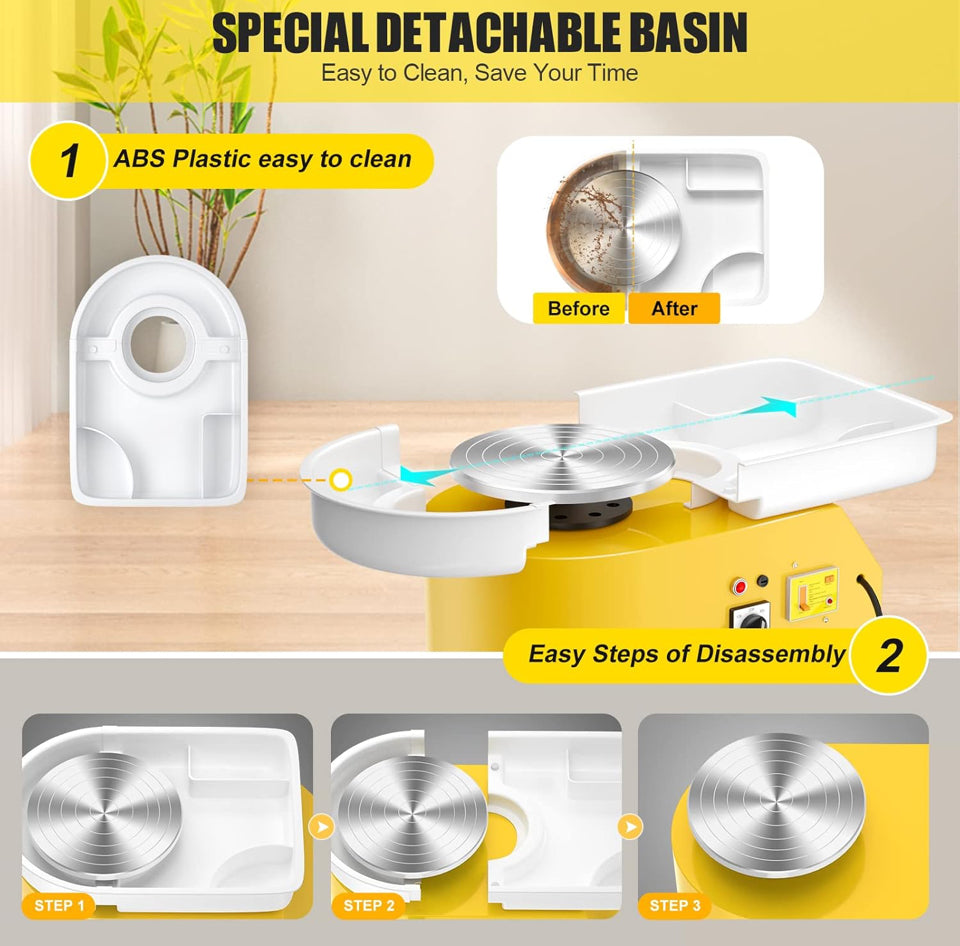 Compact Pottery Wheel 350W – 25cm Turntable with Foot Pedal | Yellow