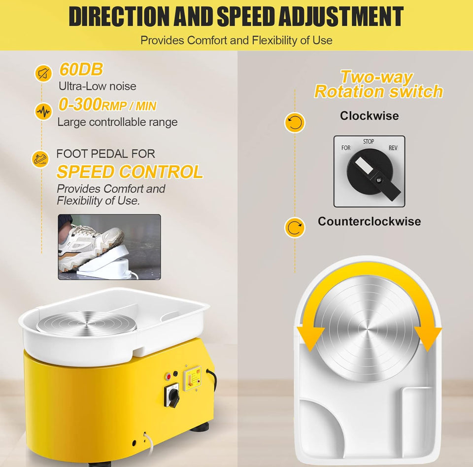 Compact Pottery Wheel 350W – 25cm Turntable with Foot Pedal | Yellow